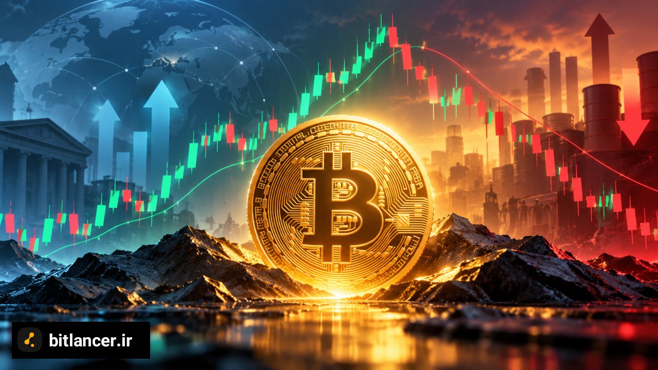 نمودار قیمت بیت کوین با کندل‌های صعودی و نزولی و خطوط حمایت و مقاومت