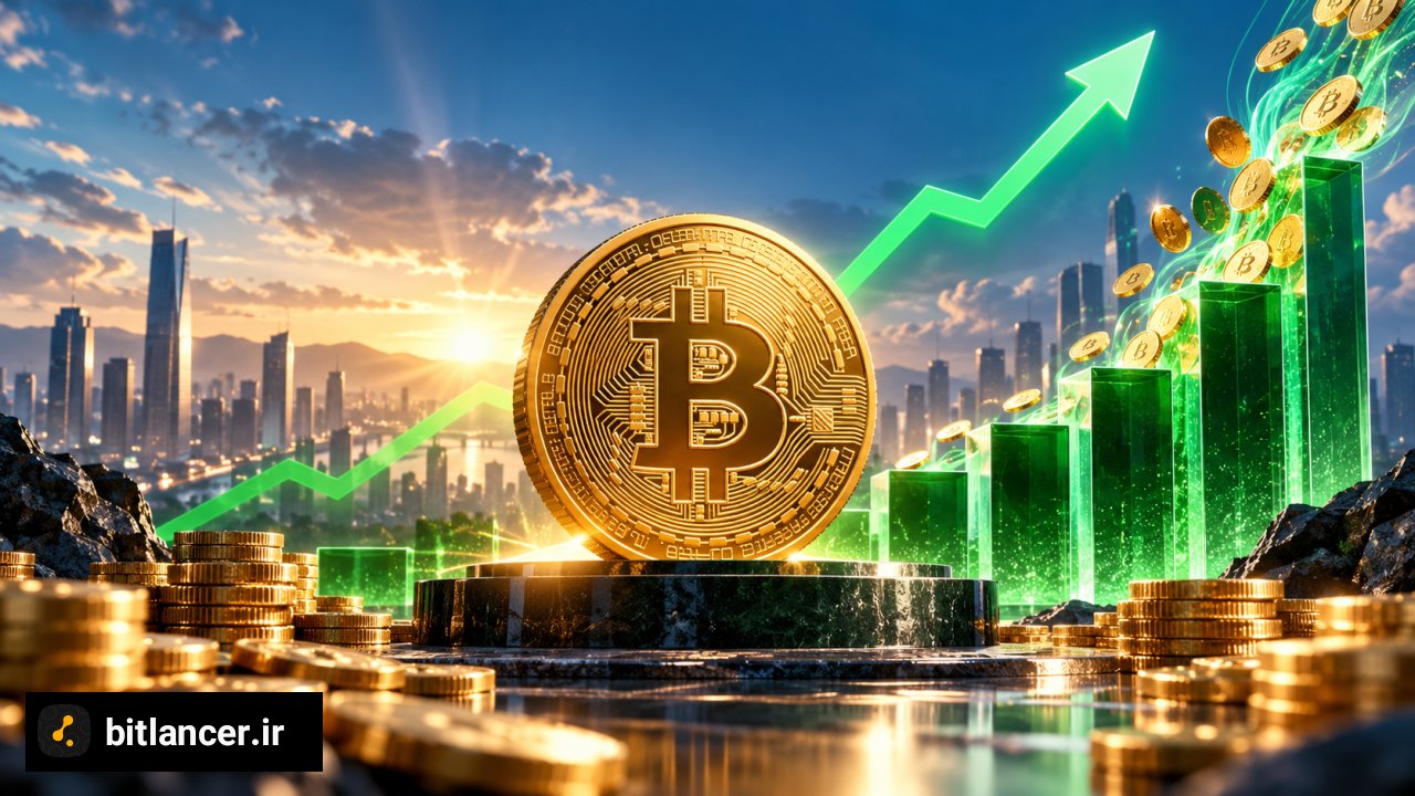 نمودار سبز صعودی در کنار سکه بیت‌کوین و ستون‌های ورودی سرمایه به صندوق‌های ETF